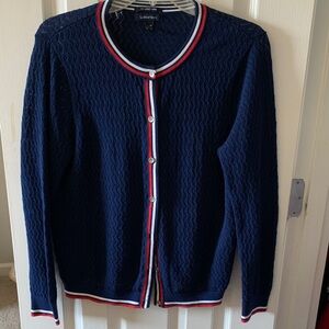 Pointelle Stitch Lands' End Navy Cardigan with Red and White Trim